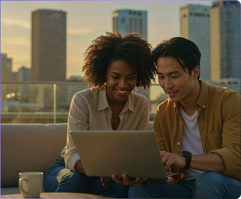 Two people looking at a laptop on a city balcony