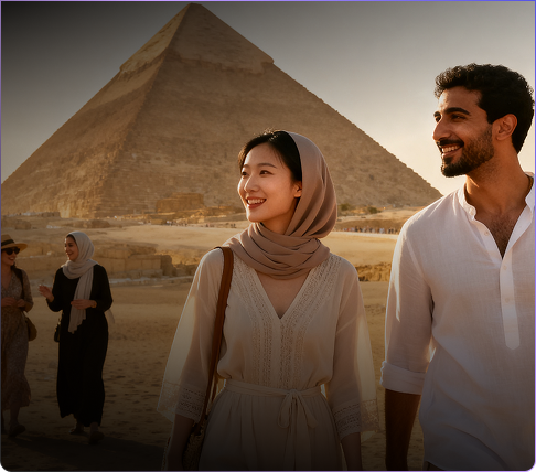 Couple walking near pyramids